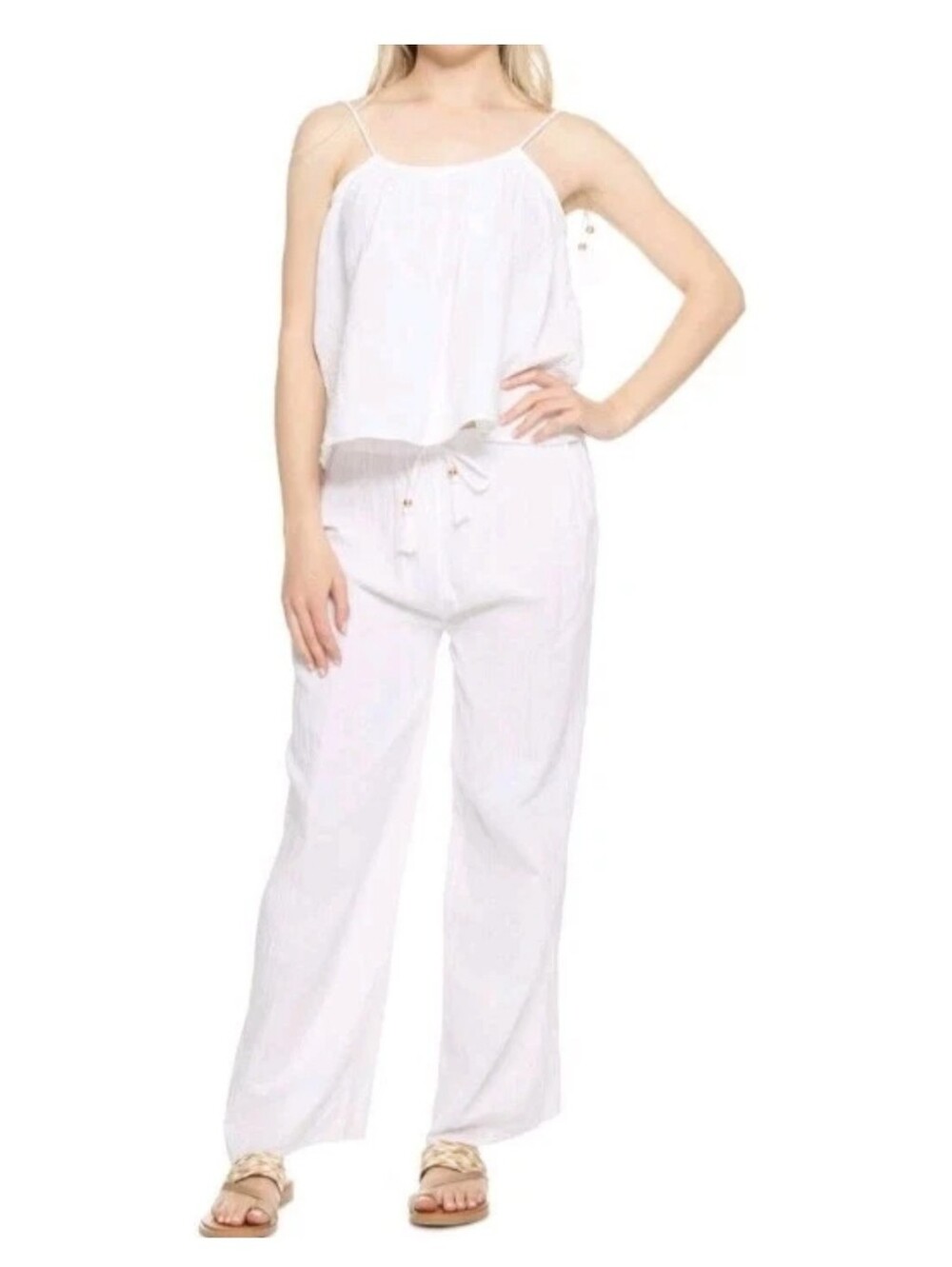 White Gauzy Wide Leg Crop Pants Side Slit Beach Quiet Luxury Minimalist Boho L